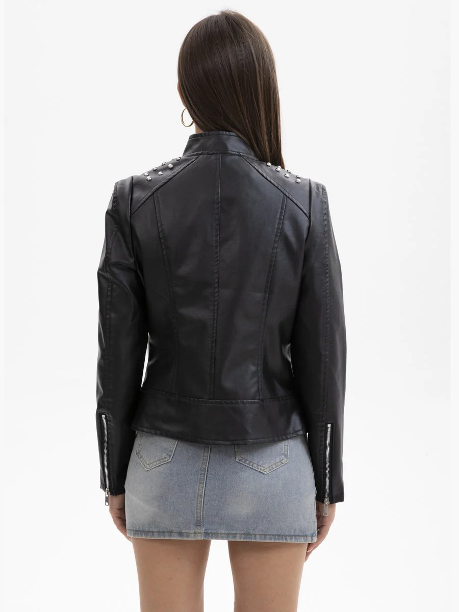 Street Cool Slim Fit Beading Leather Jacket - Image 2