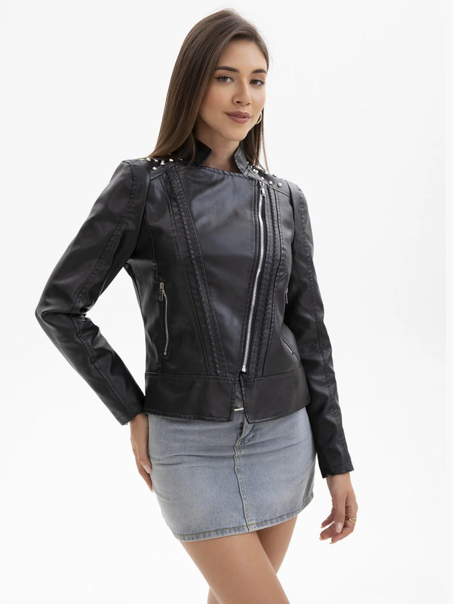 Street Cool Slim Fit Beading Leather Jacket - Image 4