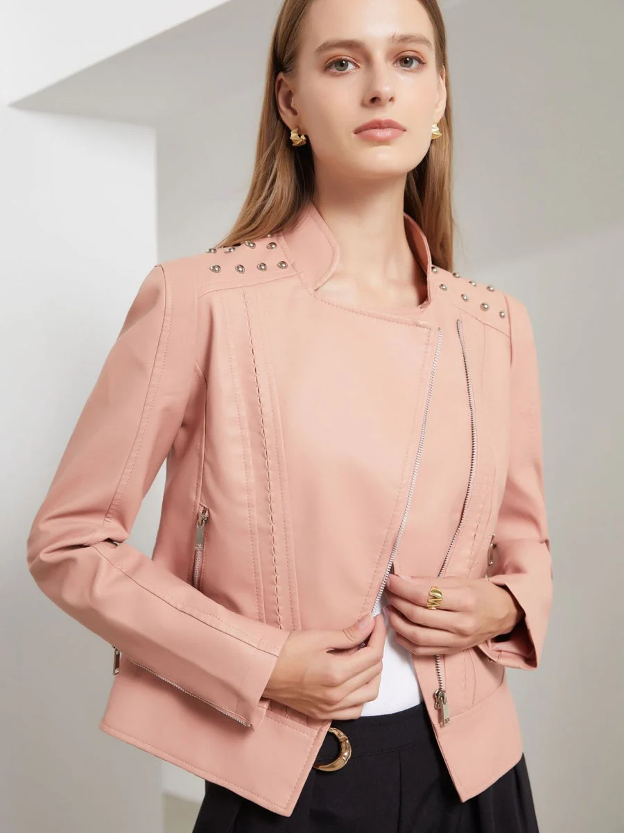 Street Cool Slim Fit Beading Leather Jacket - Image 6