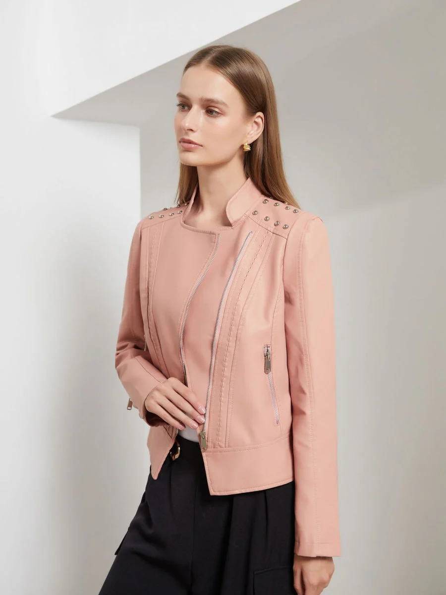 Street Cool Slim Fit Beading Leather Jacket - Image 8