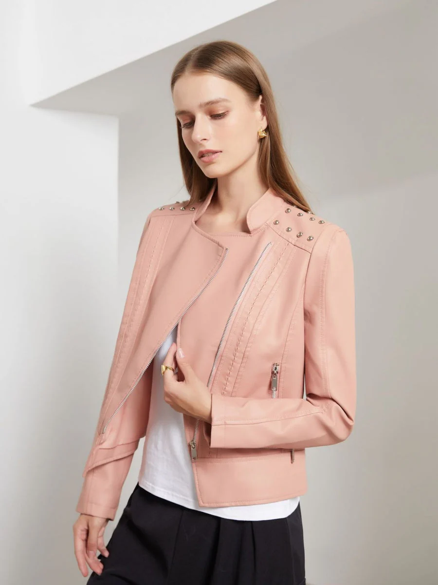 Street Cool Slim Fit Beading Leather Jacket - Image 9