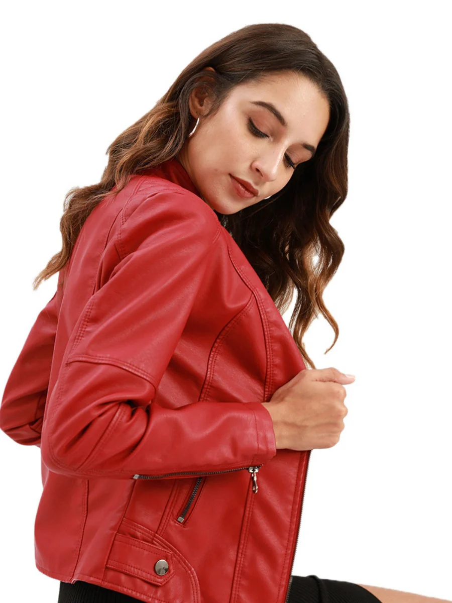 Street Cool Thin Stand Collar Zipper Leather Jacket - Image 10
