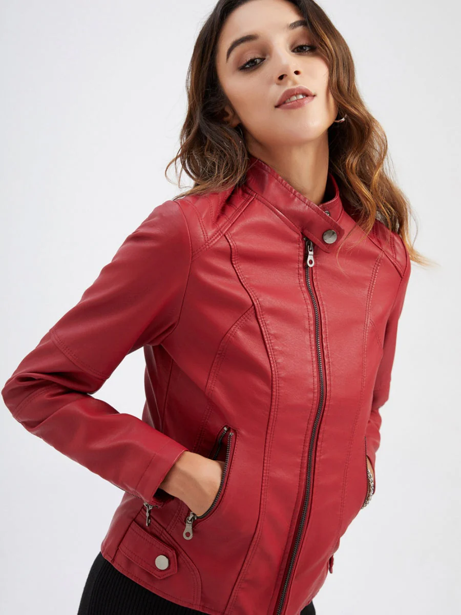 Street Cool Thin Stand Collar Zipper Leather Jacket - Image 12