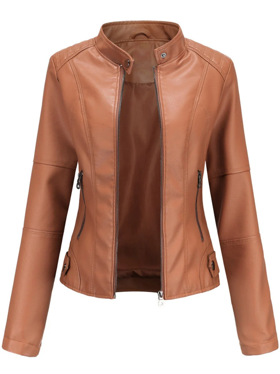 Street Cool Thin Stand Collar Zipper Leather Jacket - Image 14