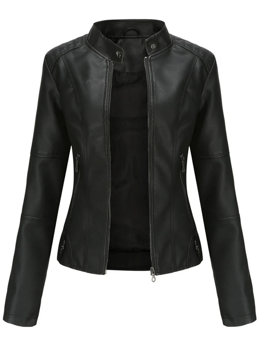 Street Cool Thin Stand Collar Zipper Leather Jacket - Image 15