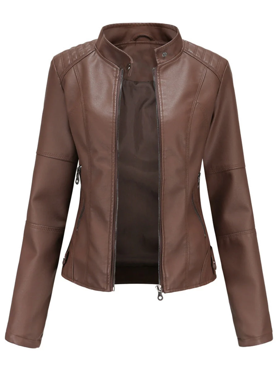 Street Cool Thin Stand Collar Zipper Leather Jacket - Image 2