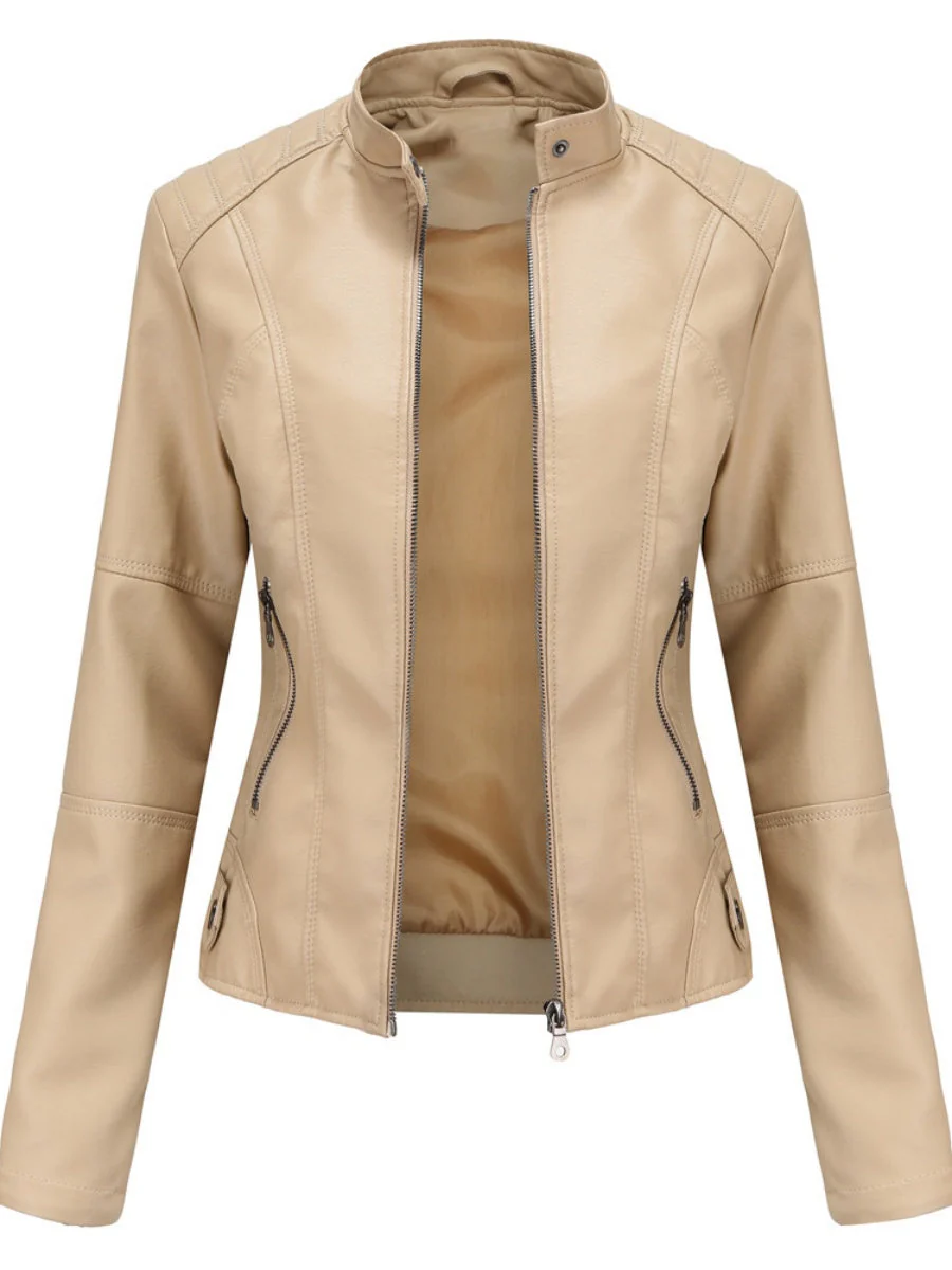 Street Cool Thin Stand Collar Zipper Leather Jacket - Image 3