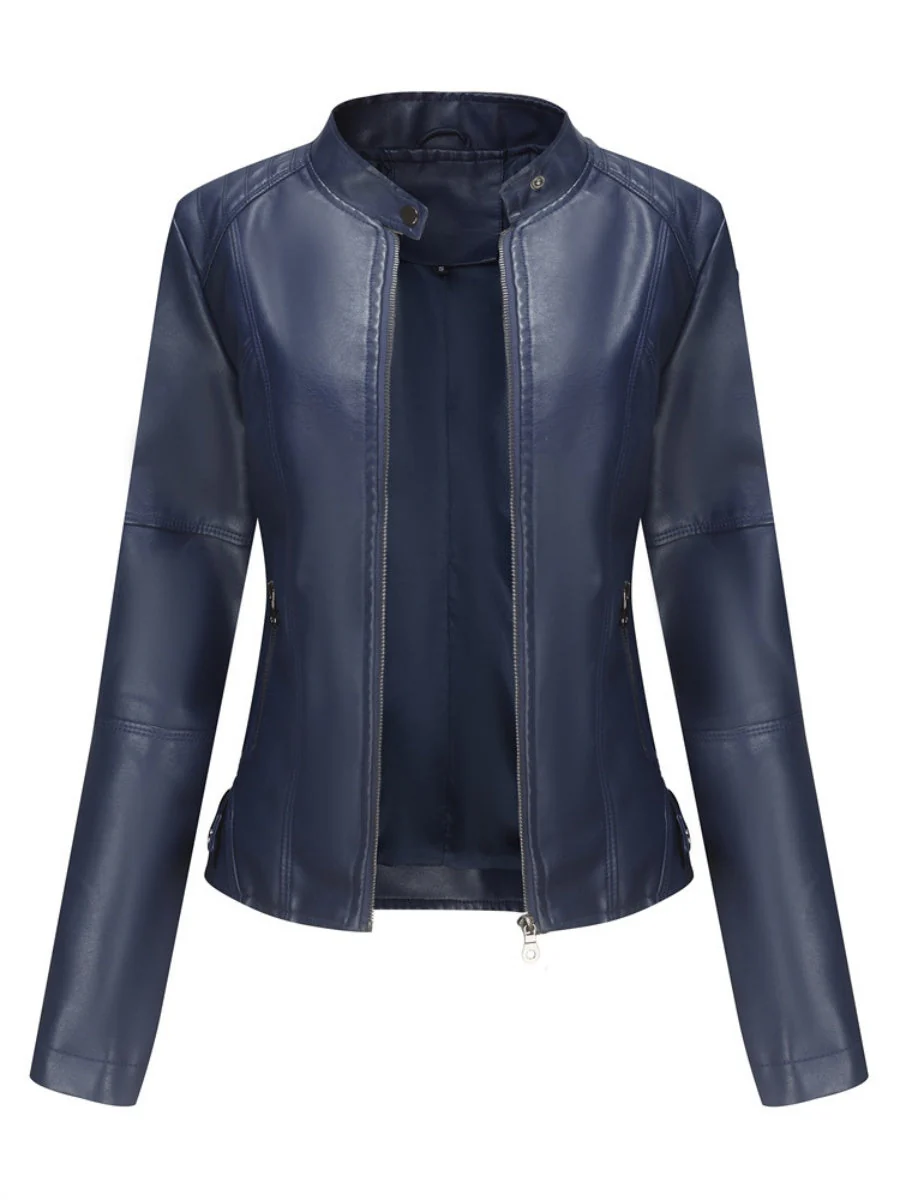 Street Cool Thin Stand Collar Zipper Leather Jacket - Image 4