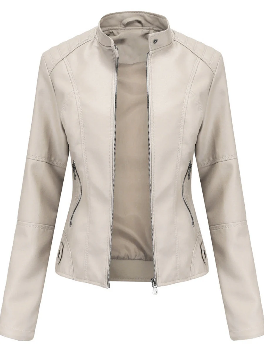 Street Cool Thin Stand Collar Zipper Leather Jacket - Image 5