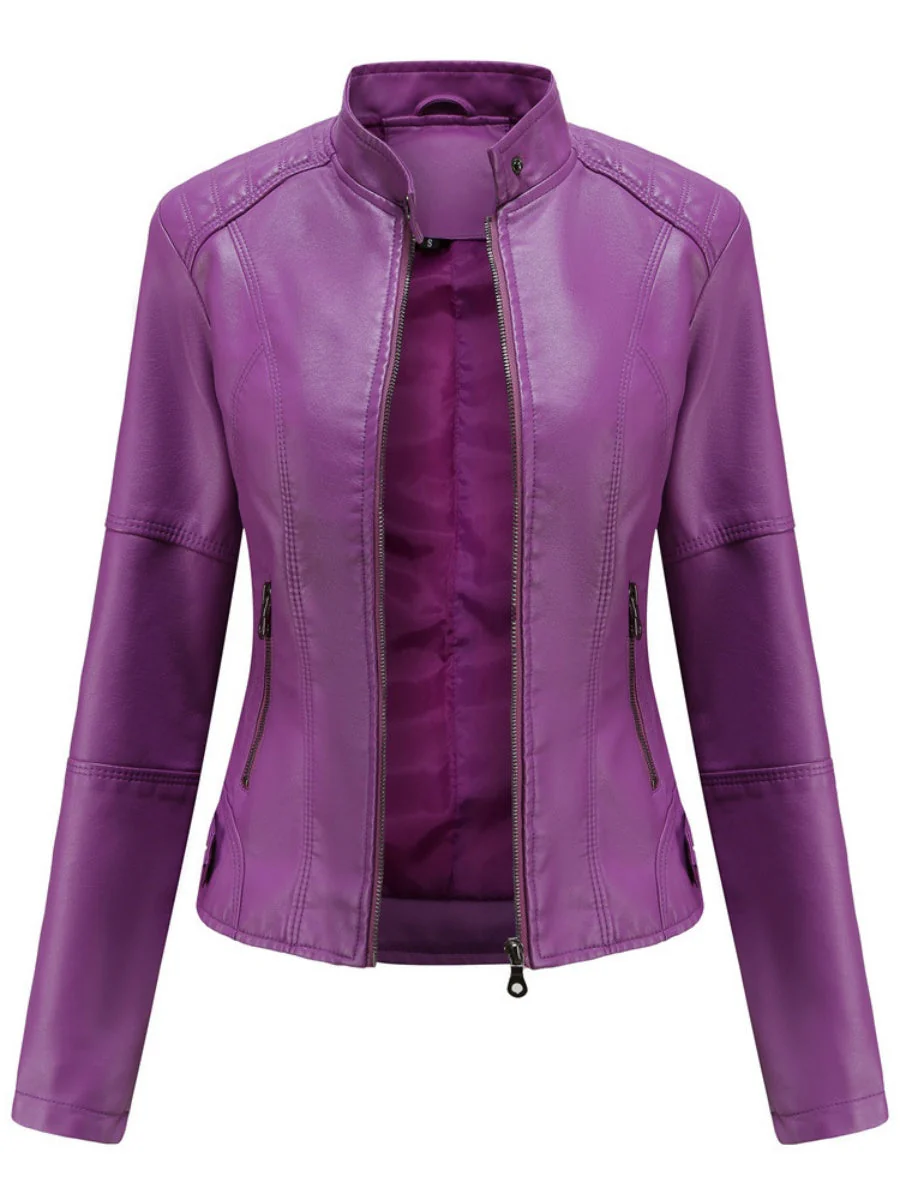 Street Cool Thin Stand Collar Zipper Leather Jacket - Image 6