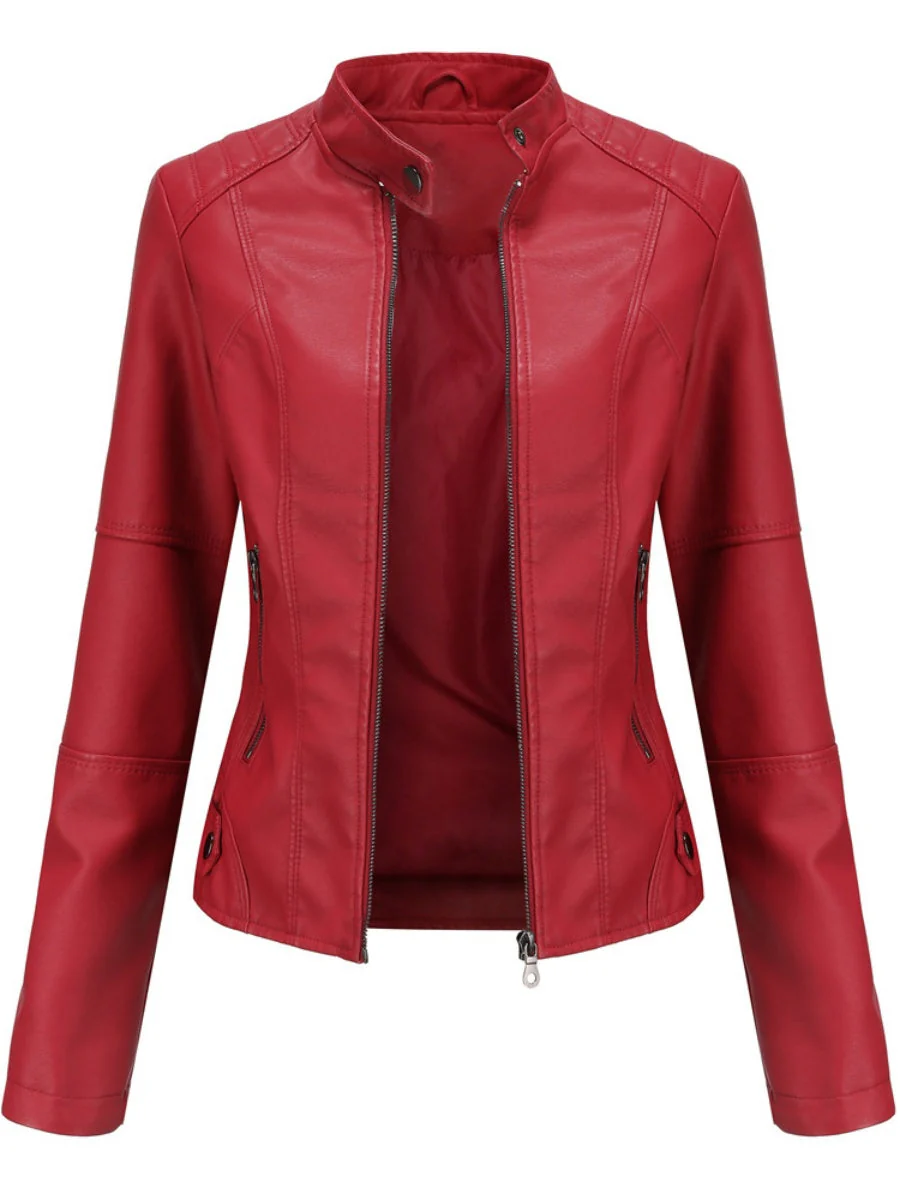 Street Cool Thin Stand Collar Zipper Leather Jacket - Image 7