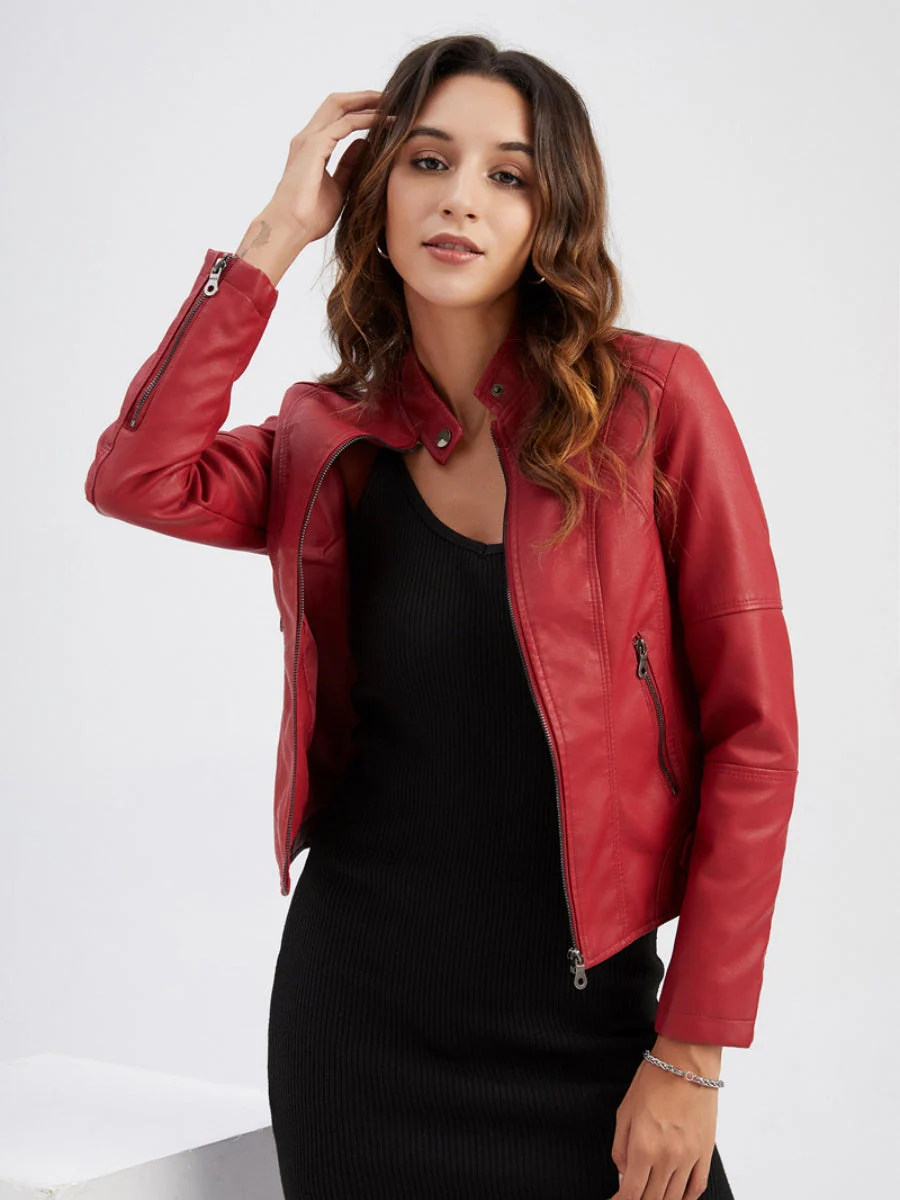 Street Cool Thin Stand Collar Zipper Leather Jacket - Image 8