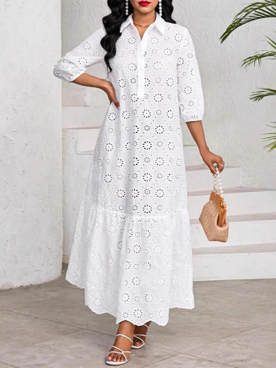 Loose-fit Trim Hollow Midi Dresses - Image 3