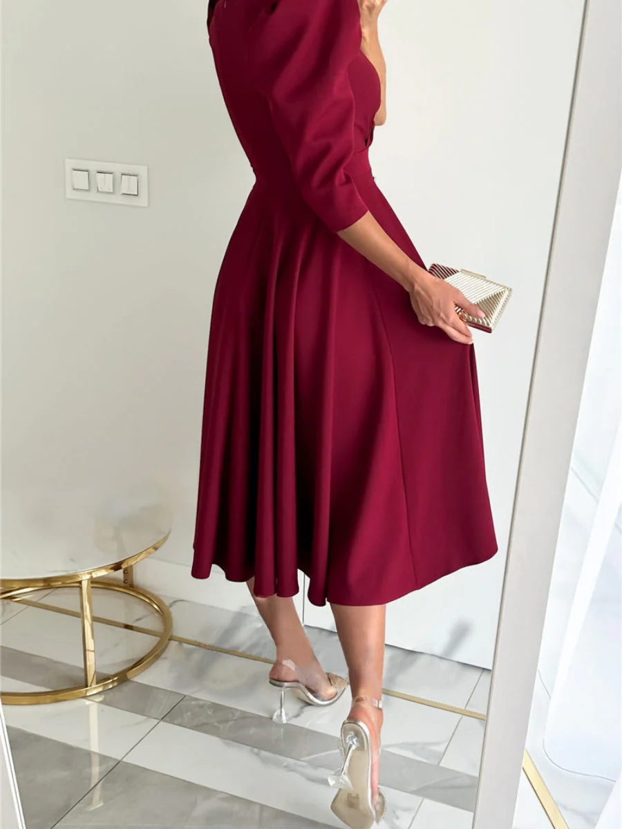 V-neck, Fitted Waist Pleated Big Swing Daily Casual Midi Dress - Image 2