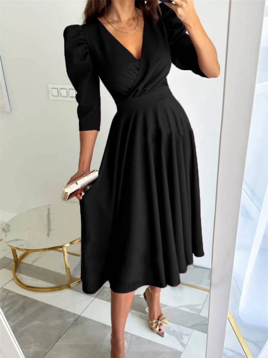 V-neck, Fitted Waist Pleated Big Swing Daily Casual Midi Dress - Image 4