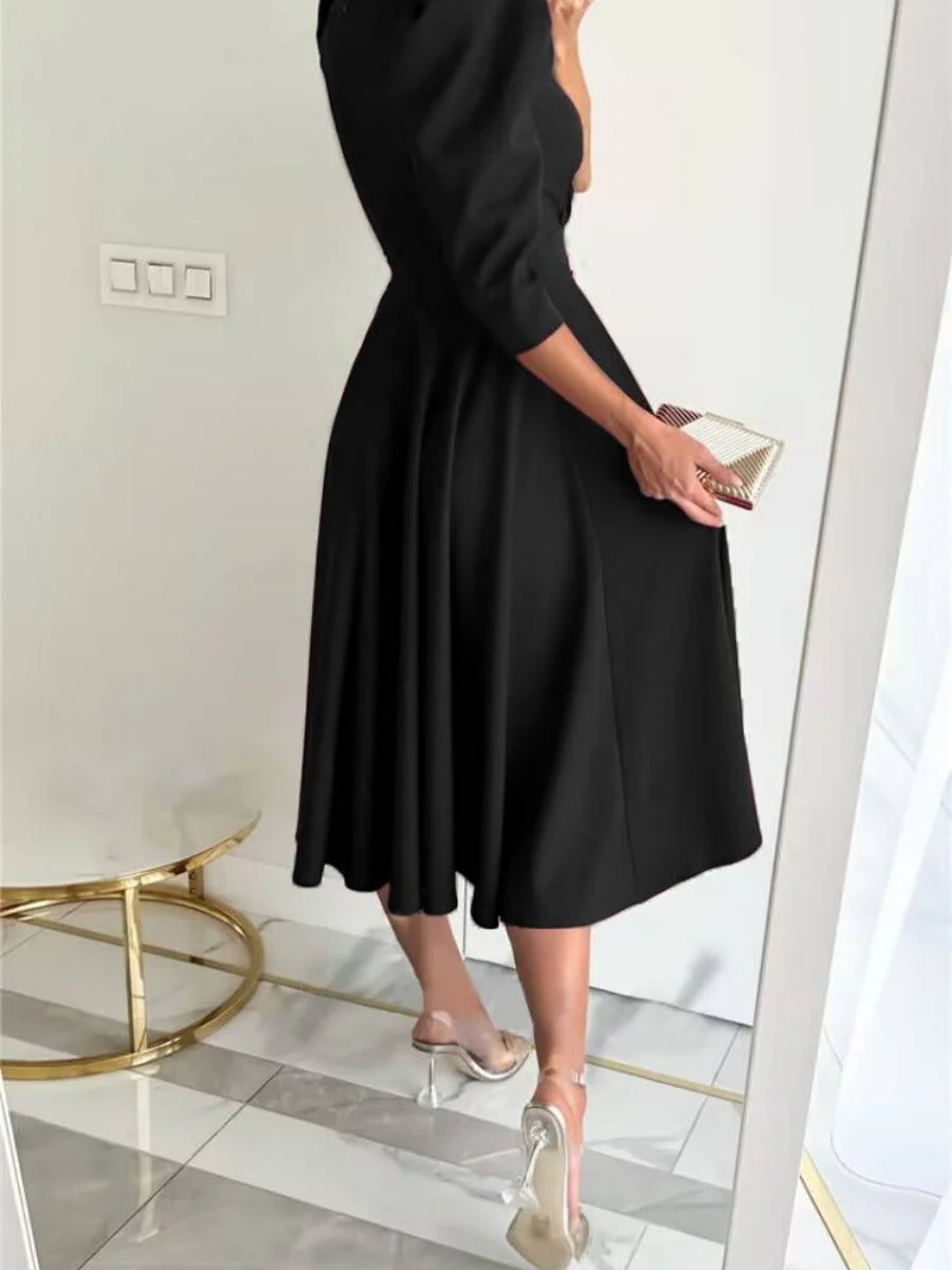 V-neck, Fitted Waist Pleated Big Swing Daily Casual Midi Dress - Image 5