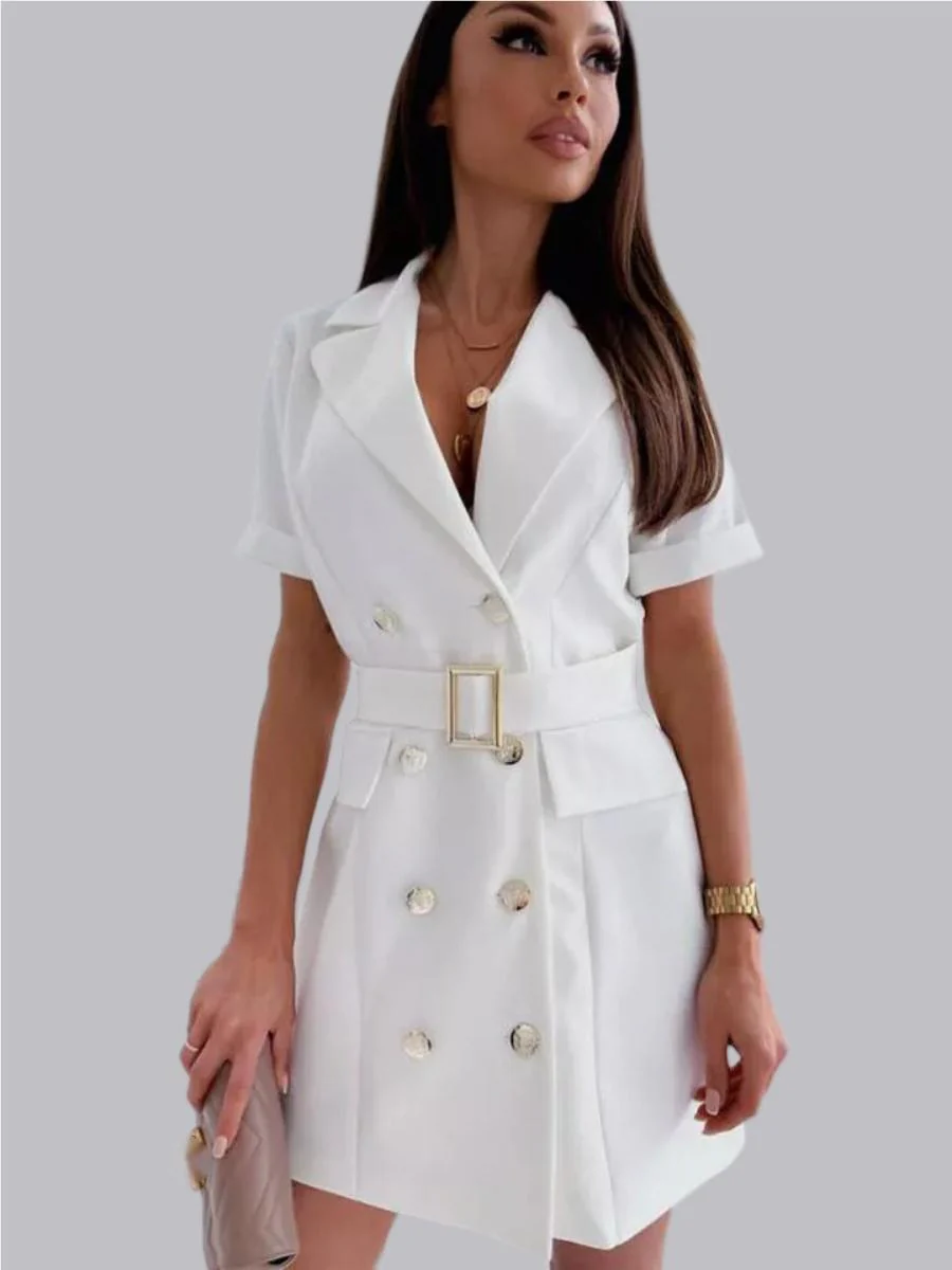 Double-breasted Lapel Belts&Chain Short Sleeve Waist Short Suit Dress - Image 12