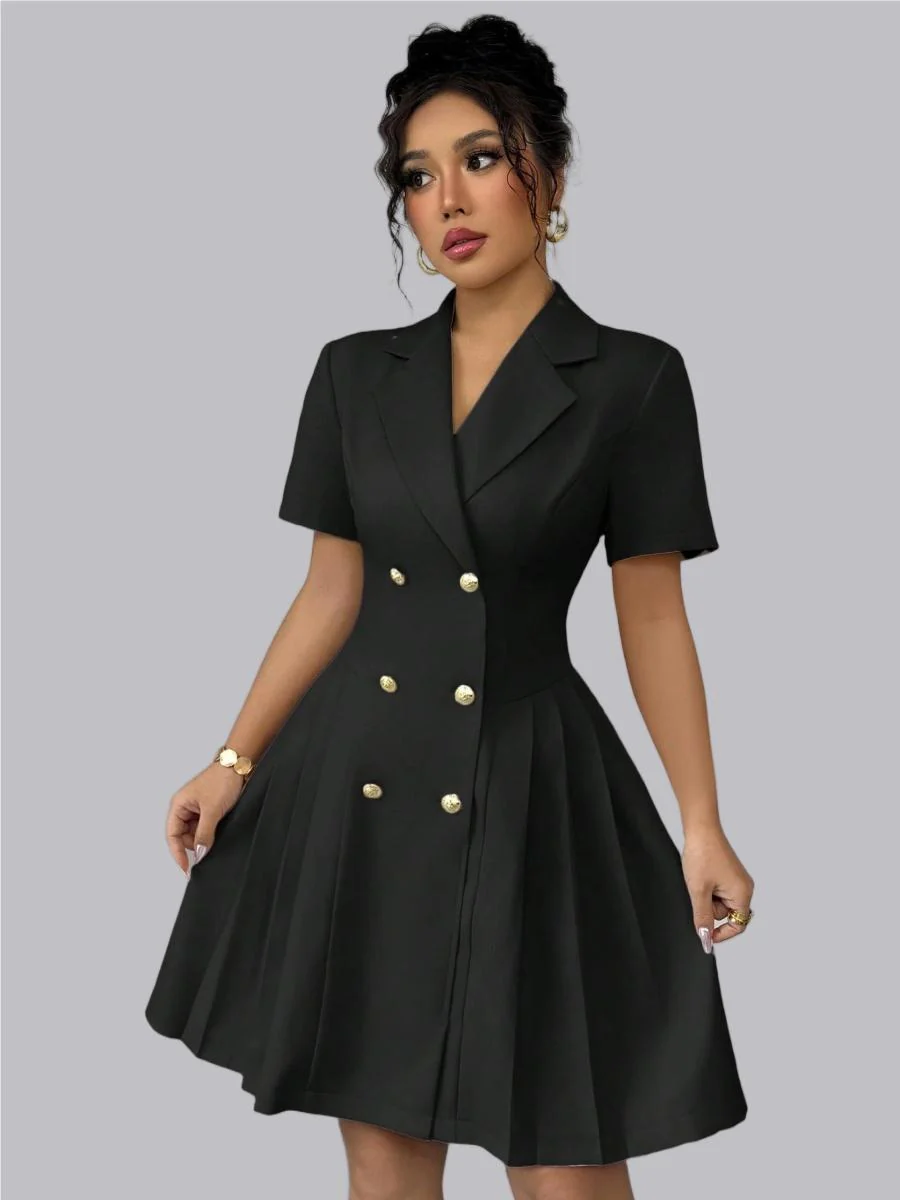 Double-breasted Lapel Short Sleeve Waist Short Suit Dress - Image 2