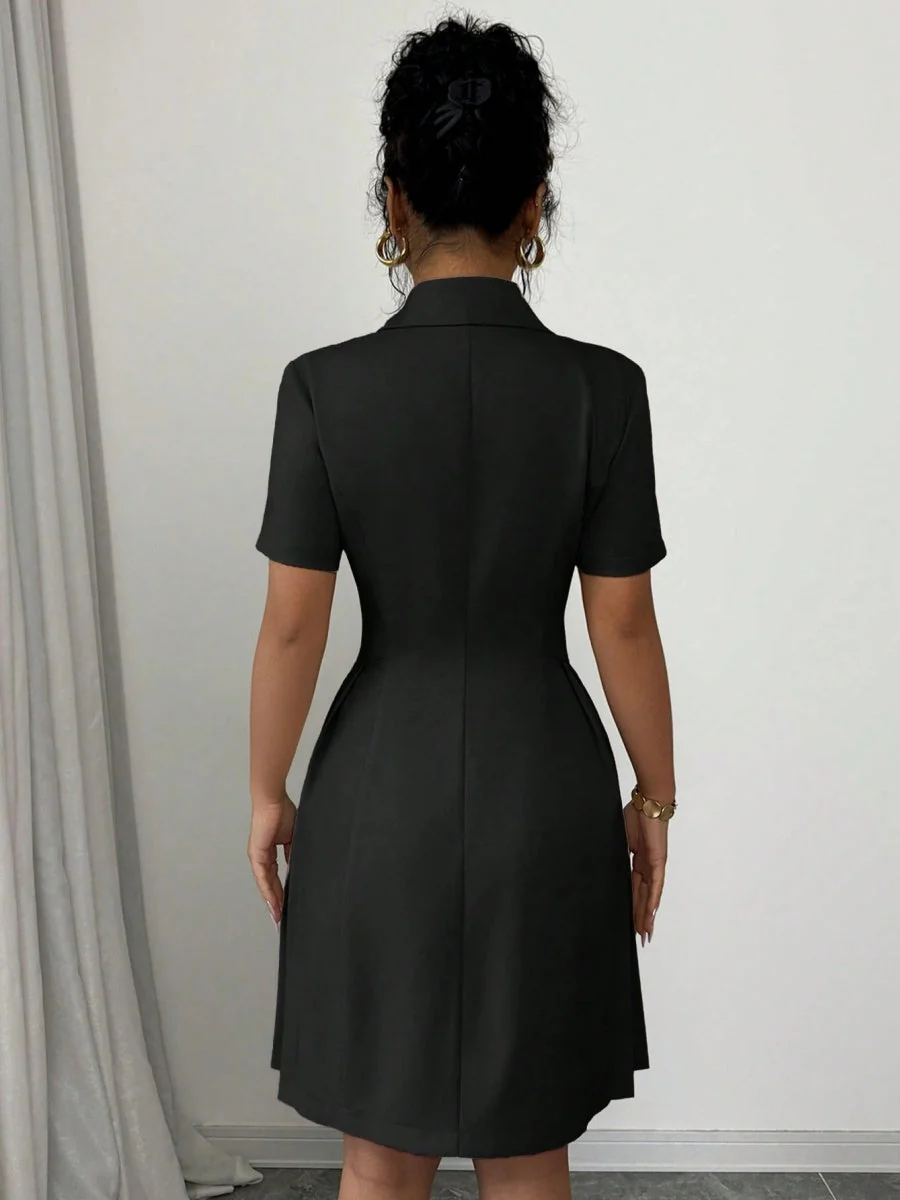 Double-breasted Lapel Short Sleeve Waist Short Suit Dress - Image 3