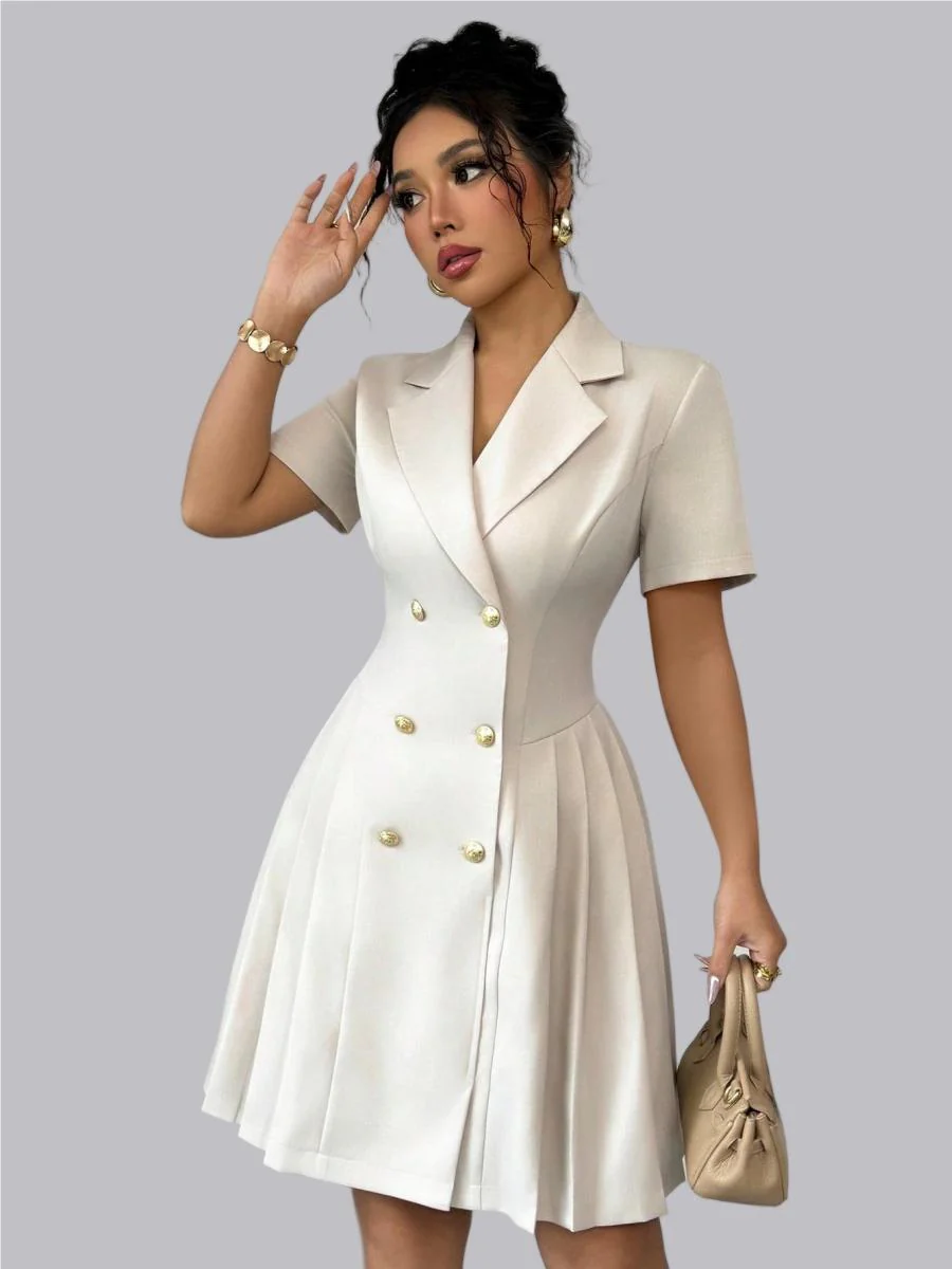Double-breasted Lapel Short Sleeve Waist Short Suit Dress - Image 4