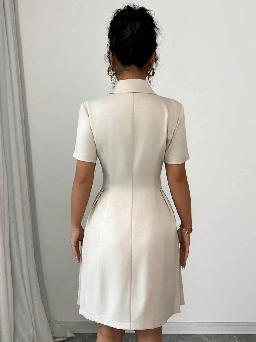 Double-breasted Lapel Short Sleeve Waist Short Suit Dress - Image 5