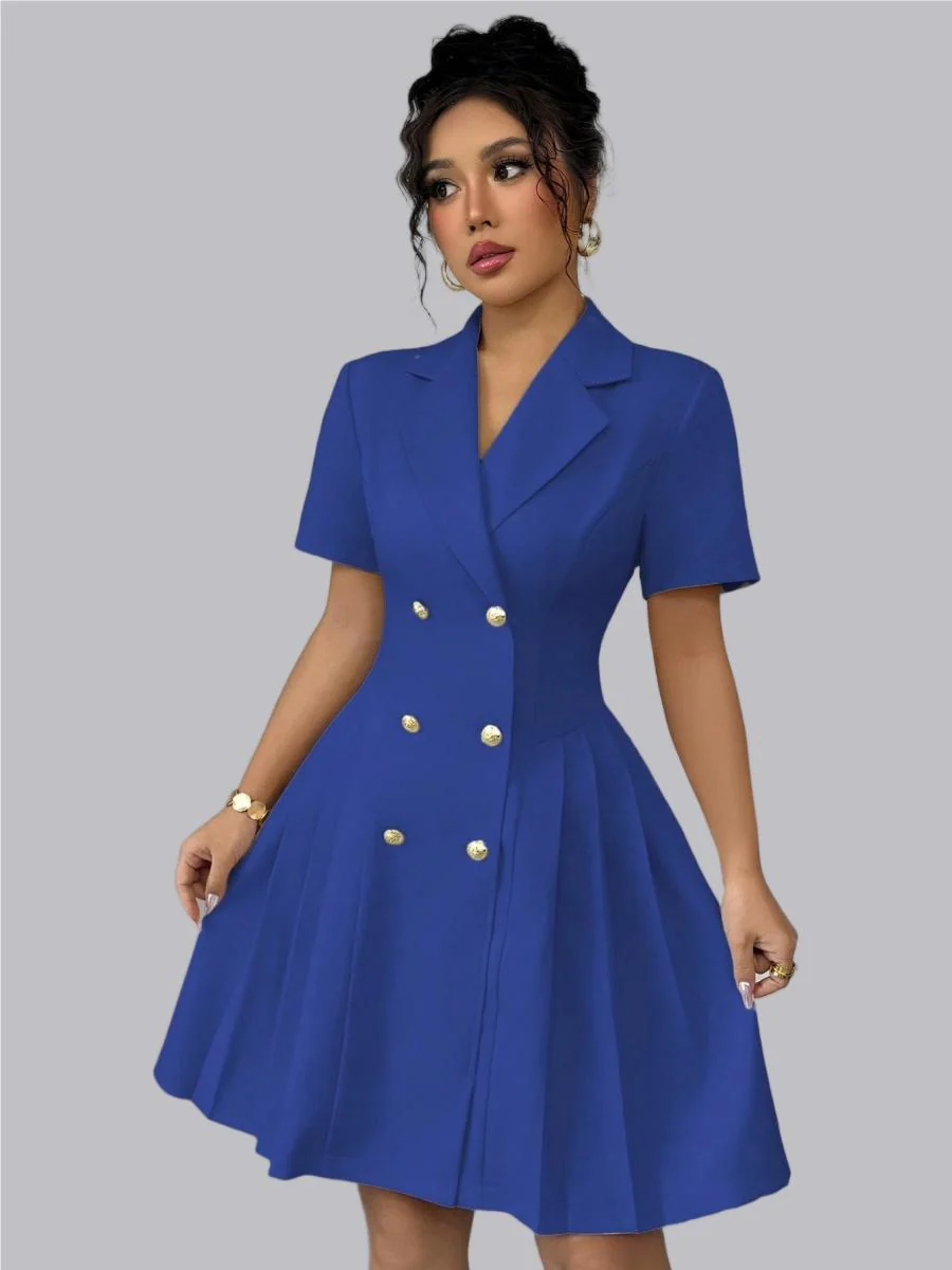 Double-breasted Lapel Short Sleeve Waist Short Suit Dress - Image 7