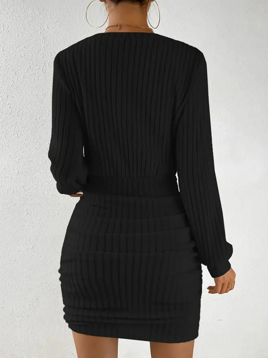 Long-sleeved Brushed Ribbed V-neck Waist Hip-hugging Leisure Short Dress For Work - Image 5