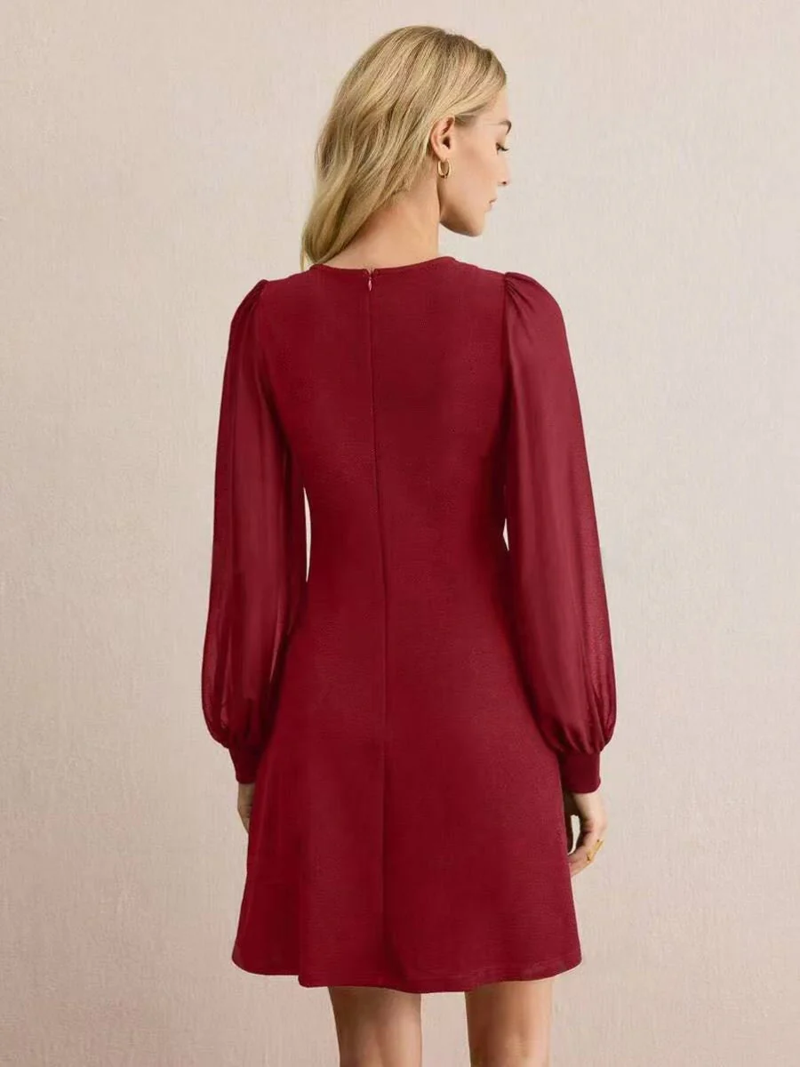 Pullover Crew Neck Splicing Fasteners Slim Fit Slimming Long Sleeve Workplace Casual Short Dress - Image 2