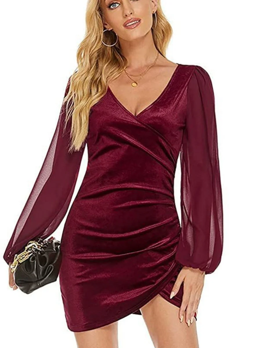 Spliced Korean Velvet V-neck Short Bodycon Dress - Image 3