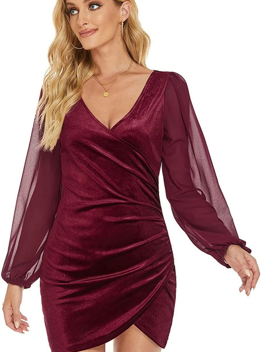 Spliced Korean Velvet V-neck Short Bodycon Dress - Image 4