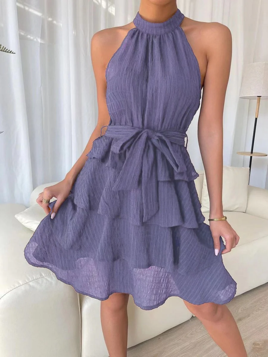 Halter Sleeveless Ruffle Black Mini&Short Dresses - Image 11