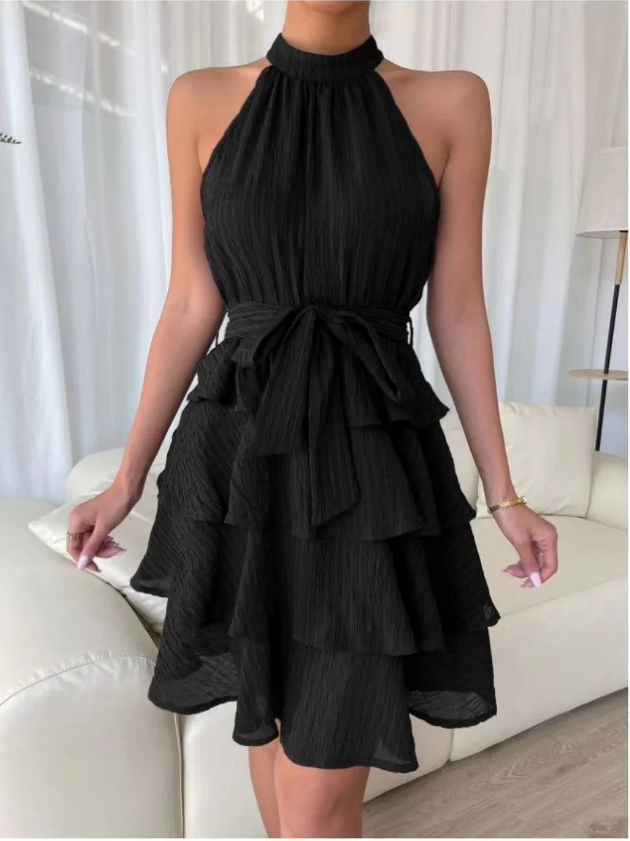 Halter Sleeveless Ruffle Black Mini&Short Dresses - Image 12