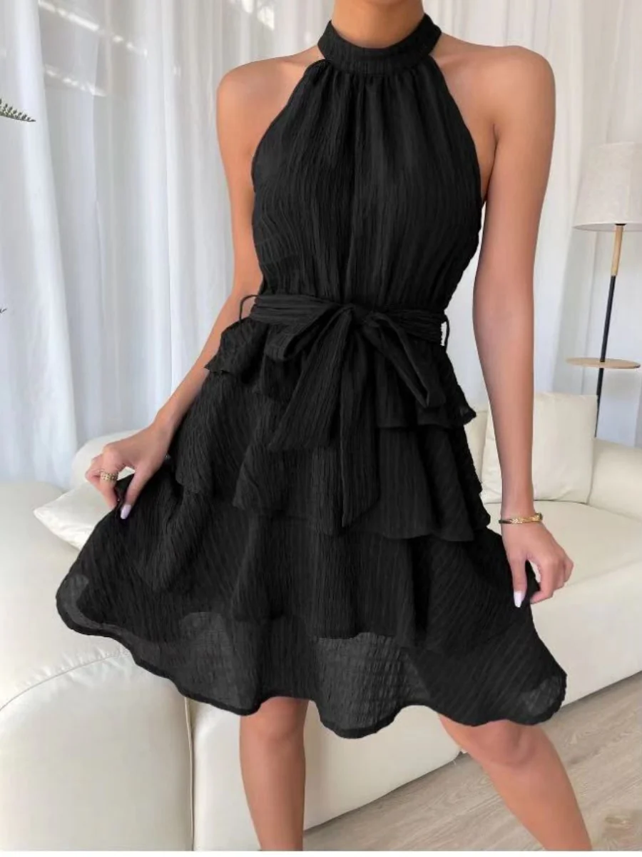Halter Sleeveless Ruffle Black Mini&Short Dresses - Image 13
