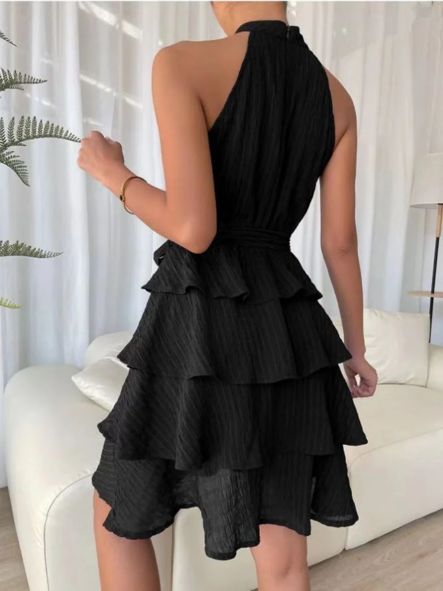 Halter Sleeveless Ruffle Black Mini&Short Dresses - Image 14