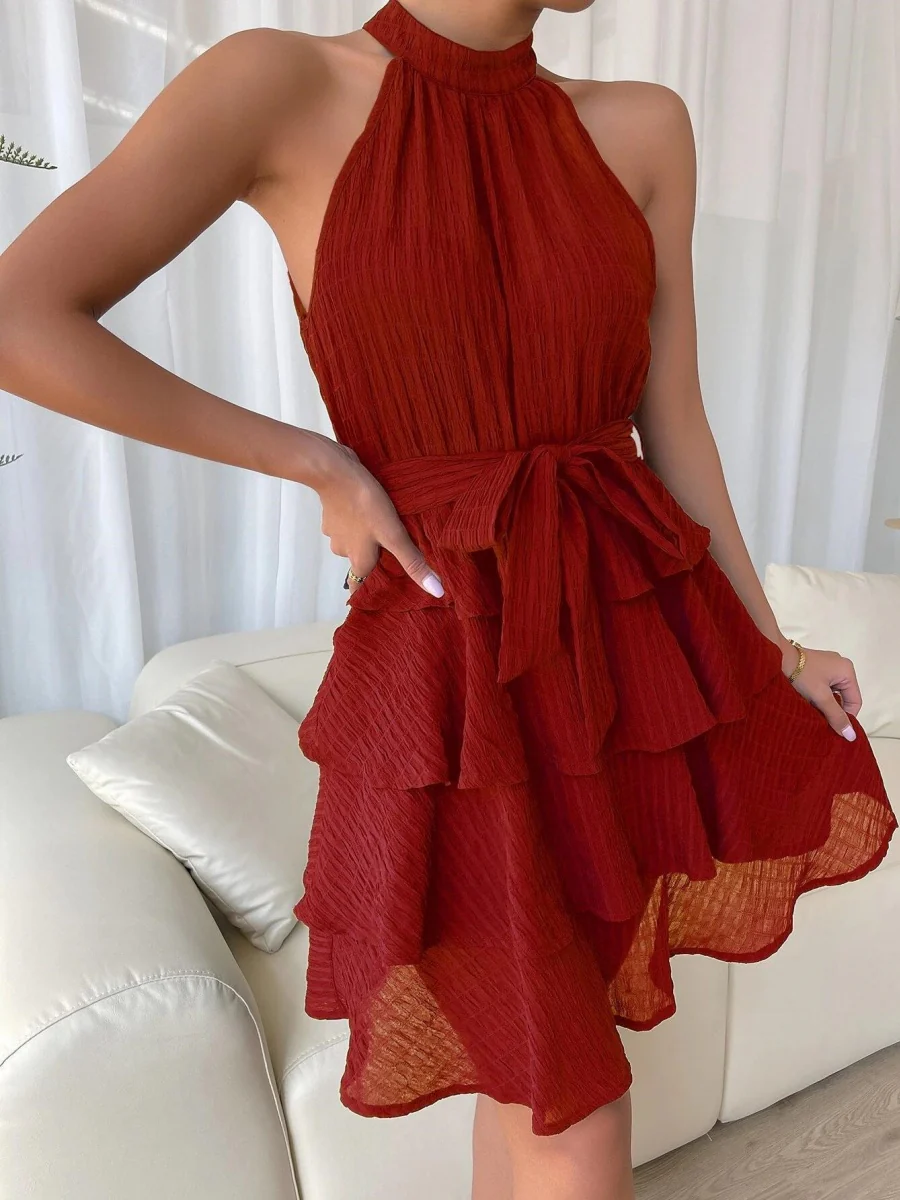 Halter Sleeveless Ruffle Black Mini&Short Dresses - Image 3