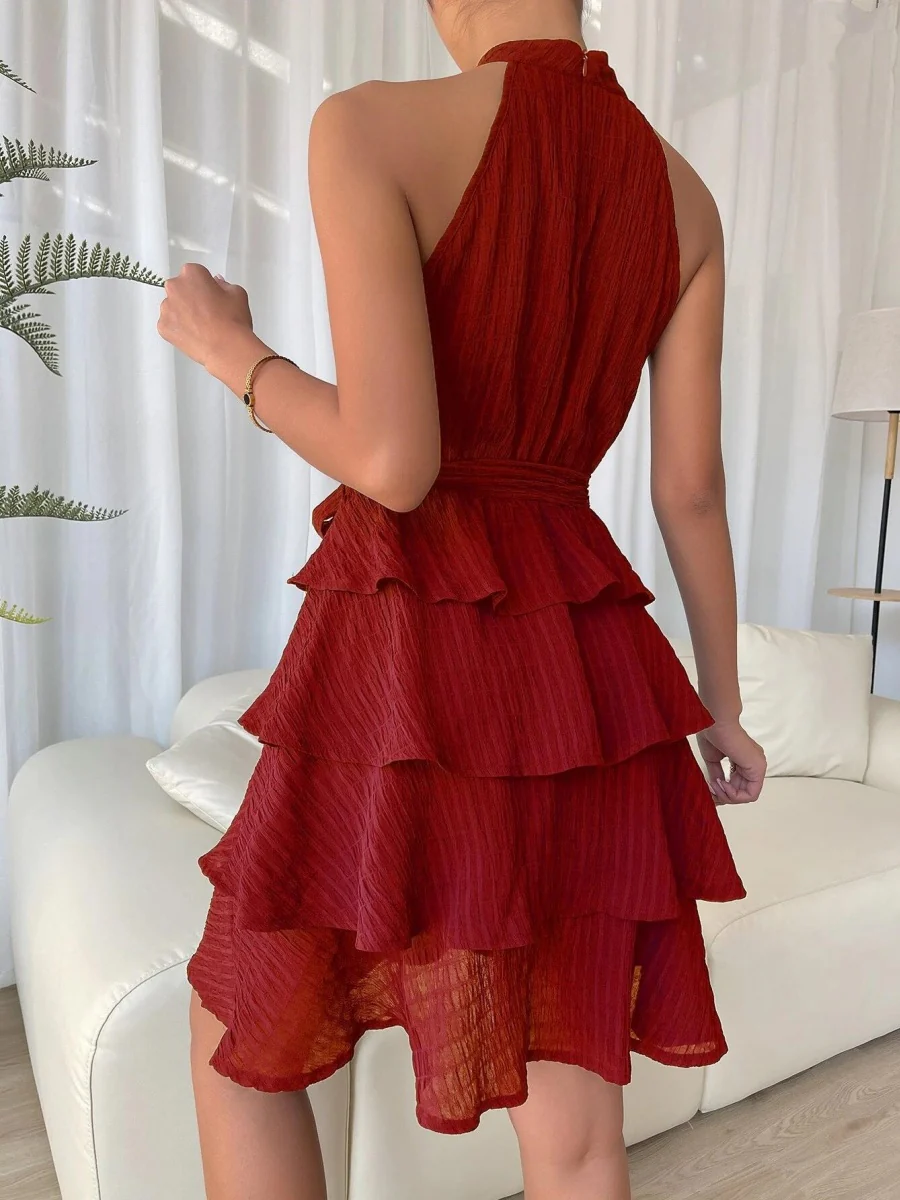 Halter Sleeveless Ruffle Black Mini&Short Dresses - Image 4