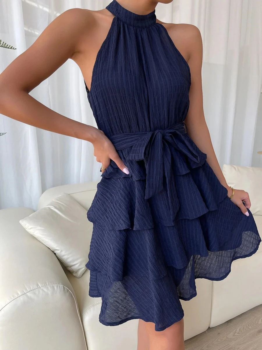 Halter Sleeveless Ruffle Black Mini&Short Dresses - Image 5
