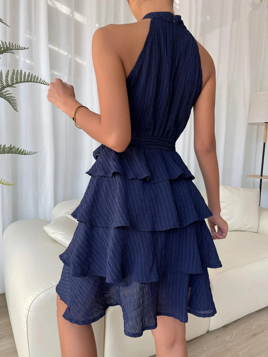Halter Sleeveless Ruffle Black Mini&Short Dresses - Image 8