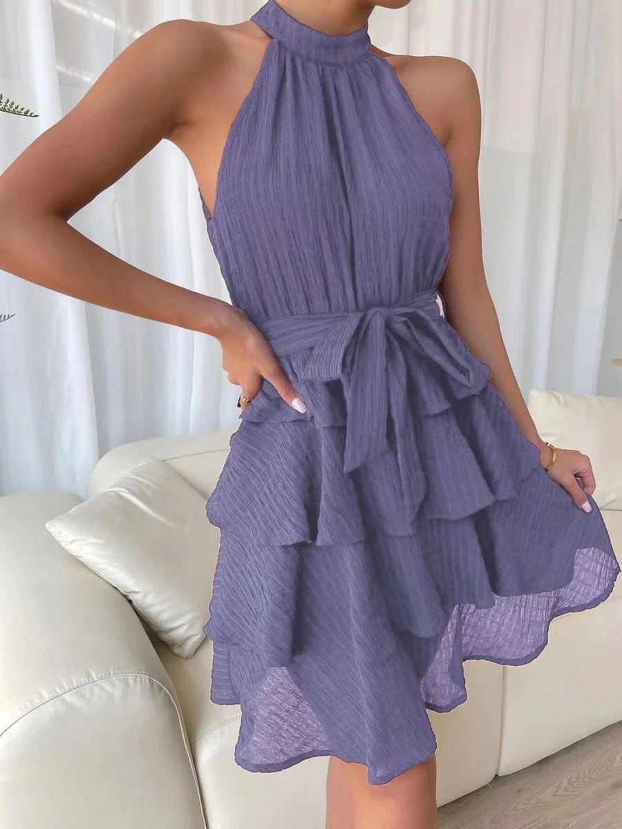 Halter Sleeveless Ruffle Black Mini&Short Dresses - Image 9