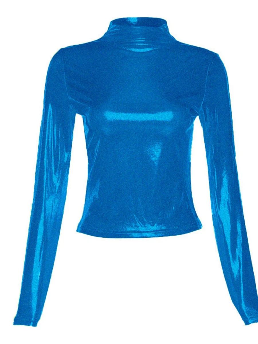 Half Turtleneck Patent Leather Metallic Color Long Sleeve Tight Fit T-shirts - Image 11