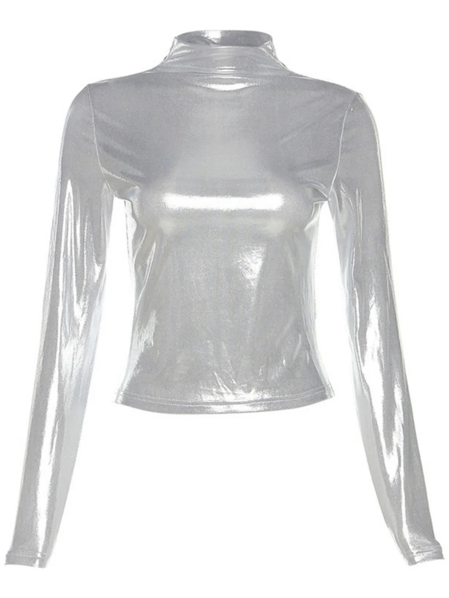 Half Turtleneck Patent Leather Metallic Color Long Sleeve Tight Fit T-shirts - Image 12
