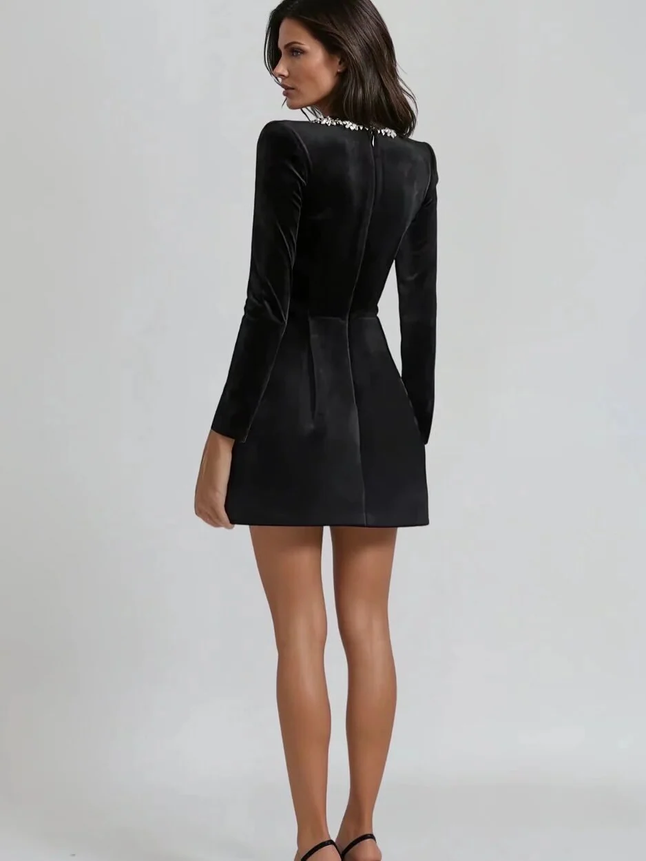 Square Collar Long Sleeve Diamond Velvet Mini&Short Dresses - Image 10
