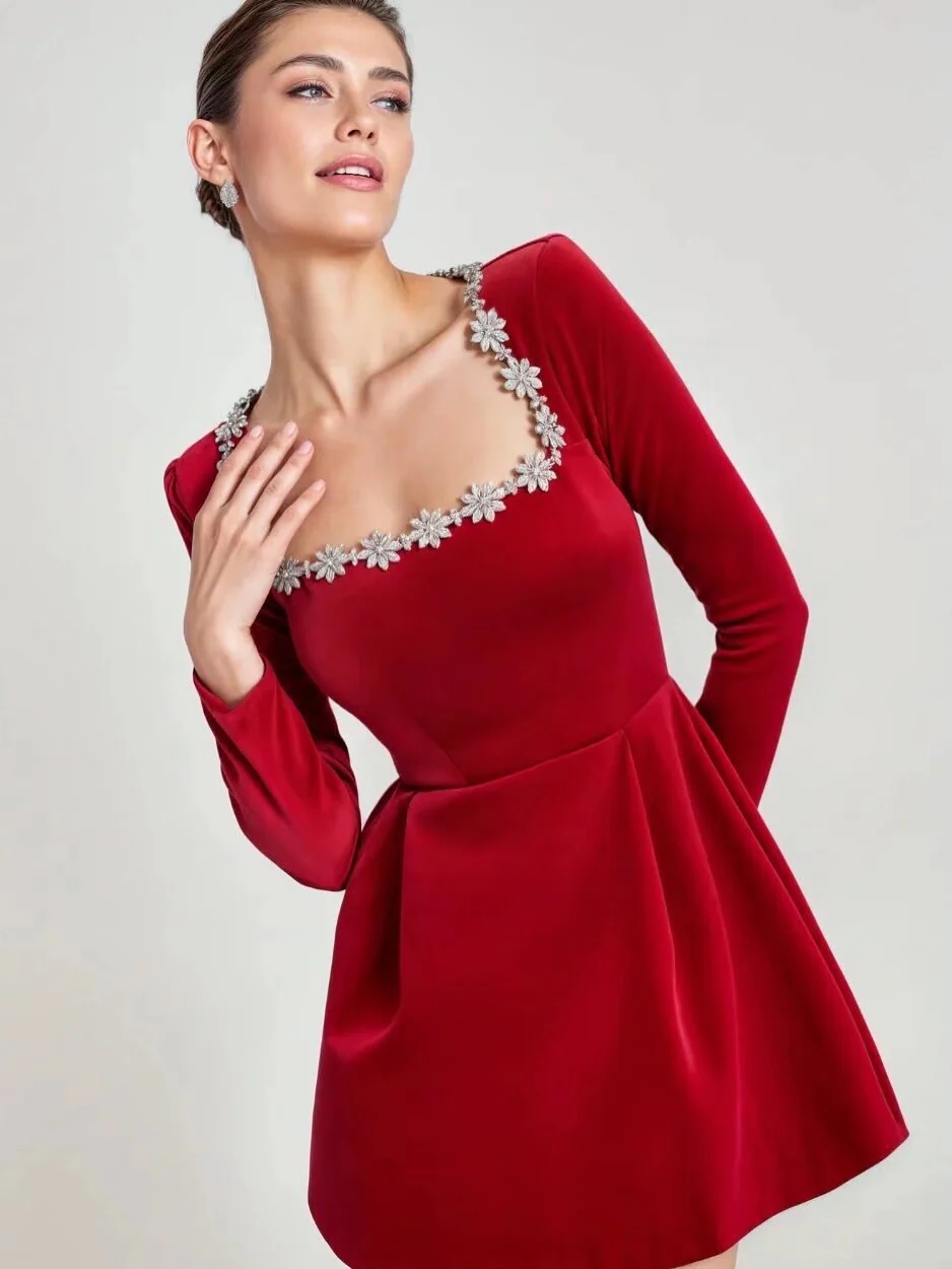 Square Collar Long Sleeve Diamond Velvet Mini&Short Dresses - Image 2