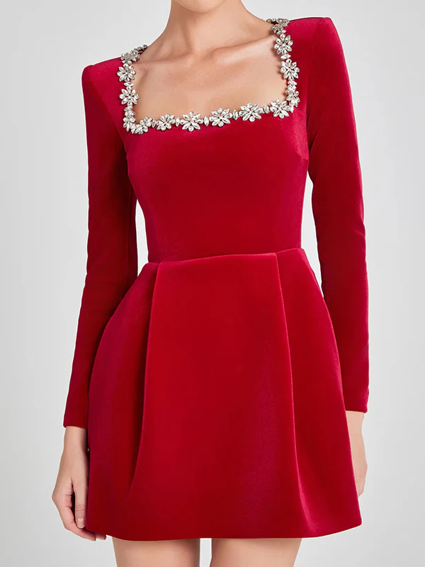 Square Collar Long Sleeve Diamond Velvet Mini&Short Dresses - Image 3