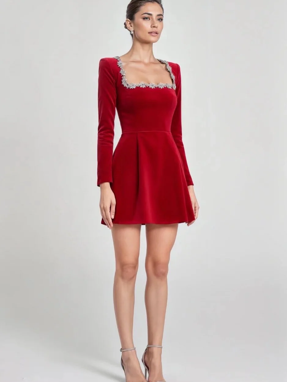 Square Collar Long Sleeve Diamond Velvet Mini&Short Dresses - Image 4