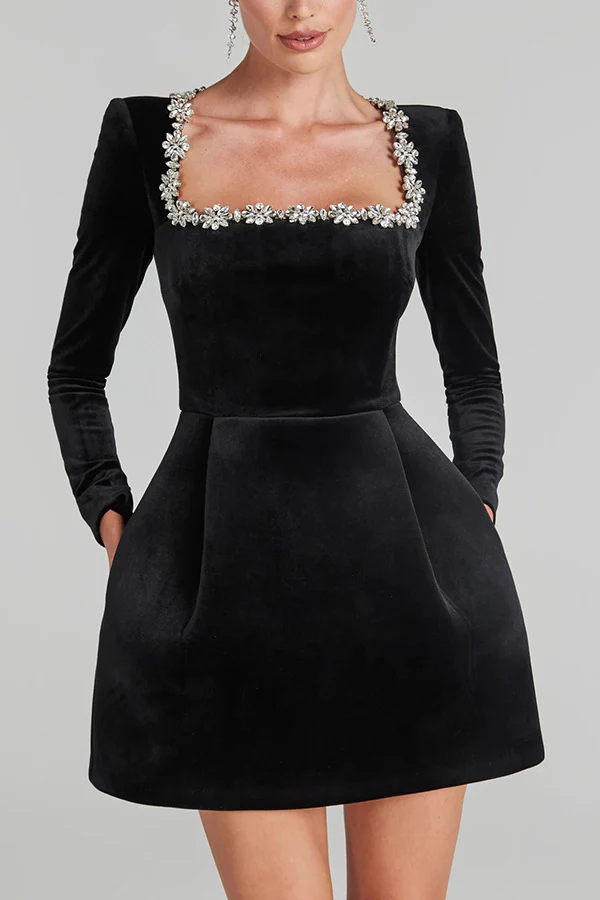 Square Collar Long Sleeve Diamond Velvet Mini&Short Dresses - Image 7