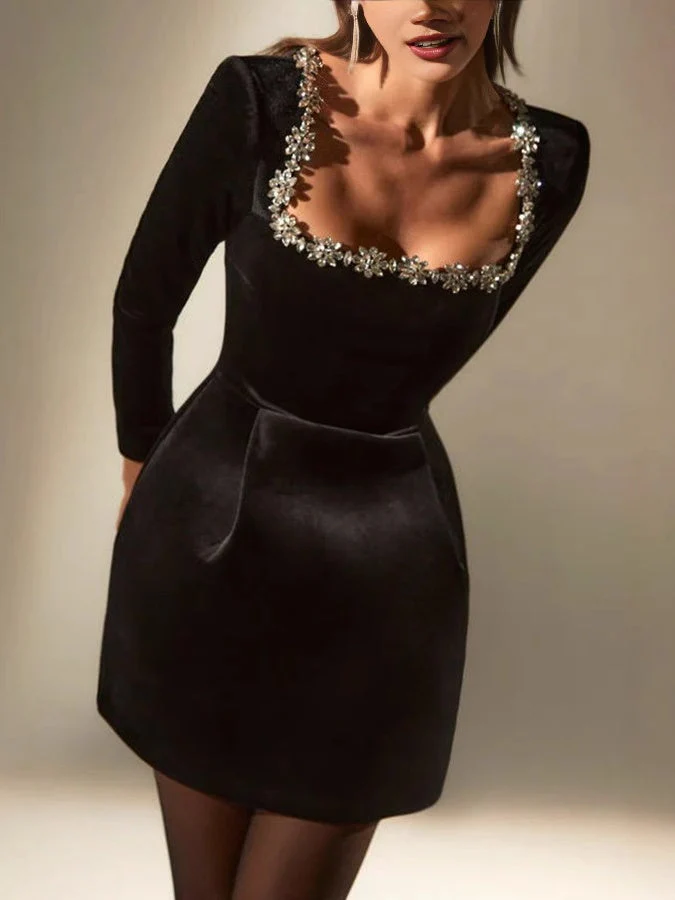 Square Collar Long Sleeve Diamond Velvet Mini&Short Dresses - Image 8