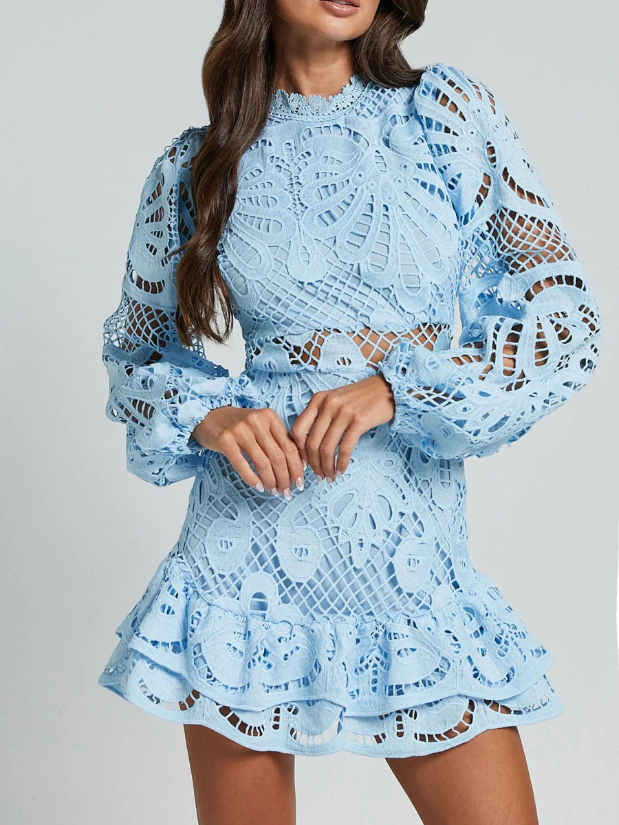 Lantern-style Long-sleeved, Fitted A-line Dress With Ruffled Hem And Water-soluble Lace.