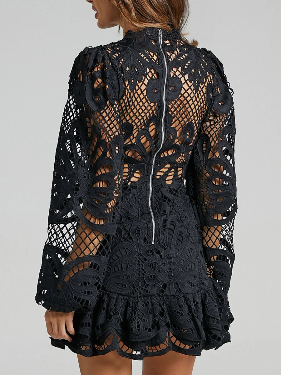 Lantern-style Long-sleeved, Fitted A-line Dress With Ruffled Hem And Water-soluble Lace. - Image 14