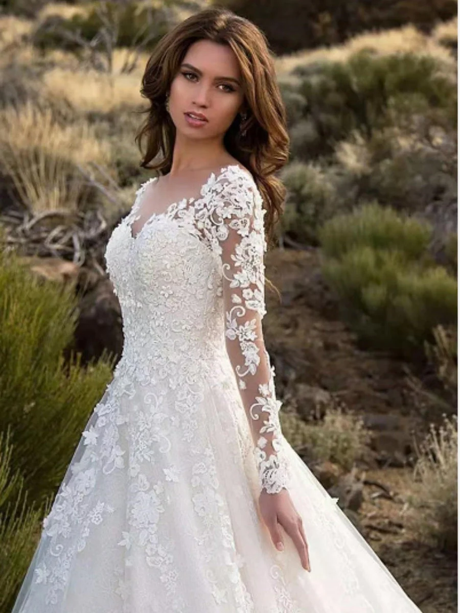 Lace Long-sleeved One-shoulder Bridal Wedding Dress Long Dress - Image 2